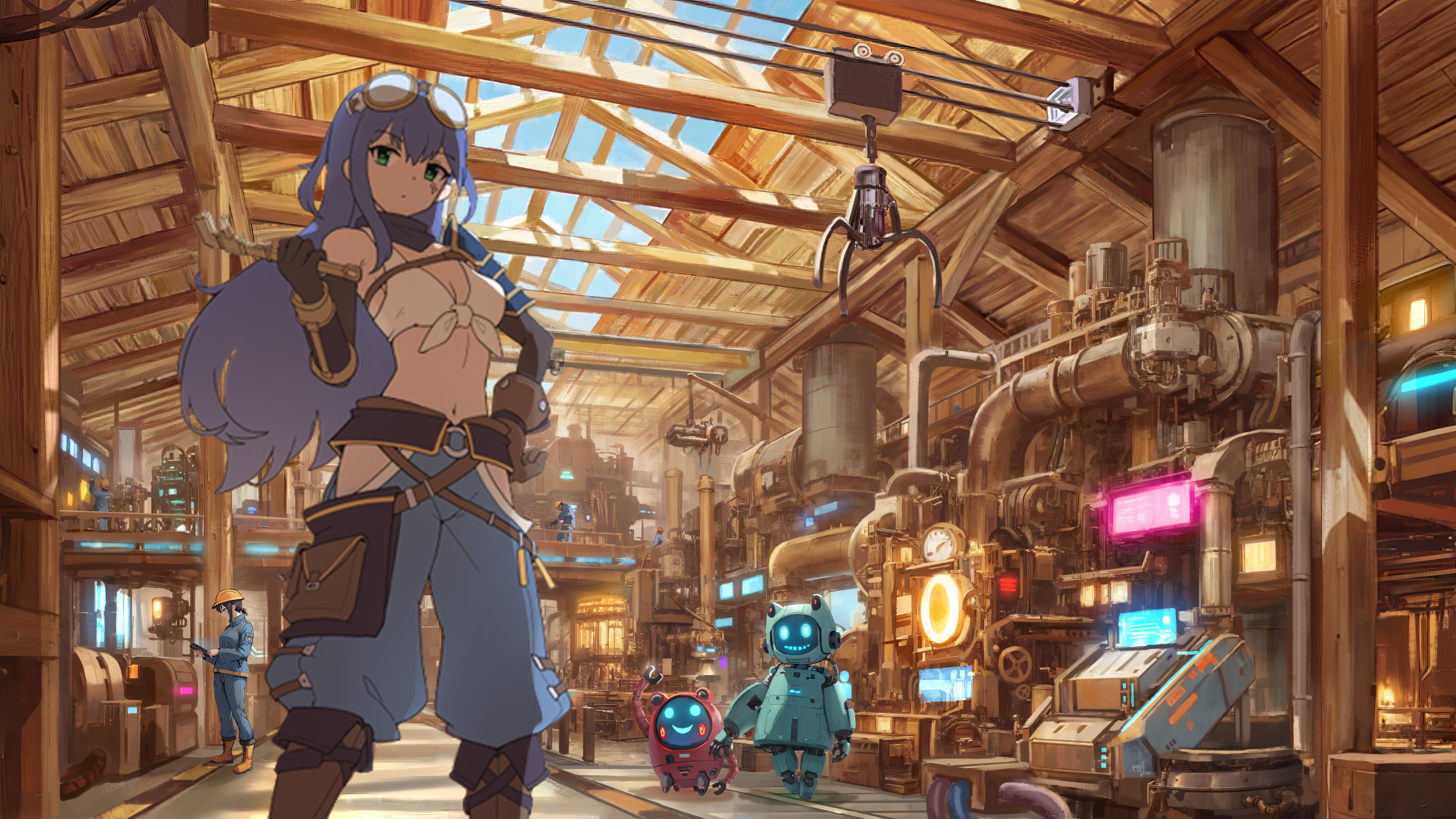 Anime drawing of human girl working in a factory with robots