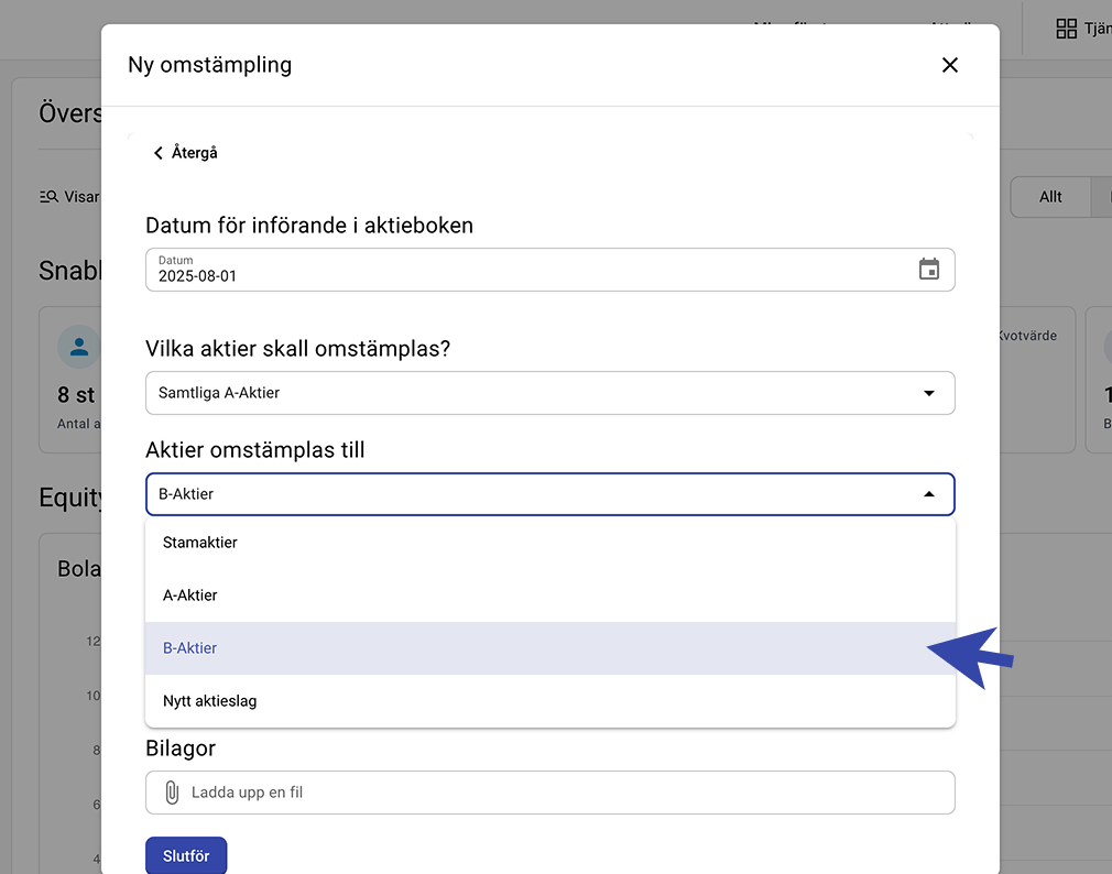 Skapa ny omstämpling och välj vad aktierna ska omstämplas till