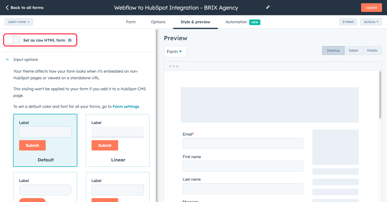 Set HubSpot form to raw HTML to customize it on Webflow