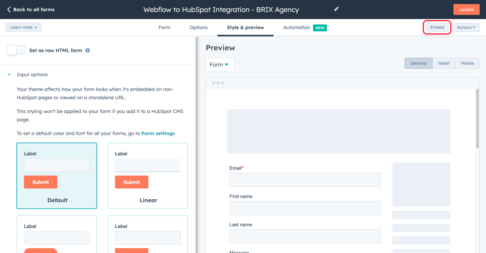 Generate embed code for HubSpot to Webflow form