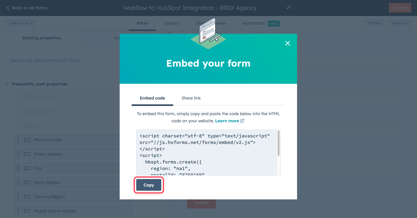 Copy HubSpot form embed code