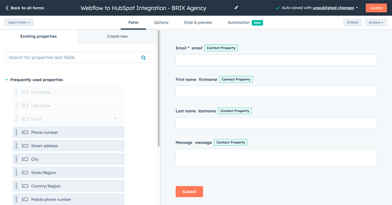 Add fields to your HubSpot to Webflow form