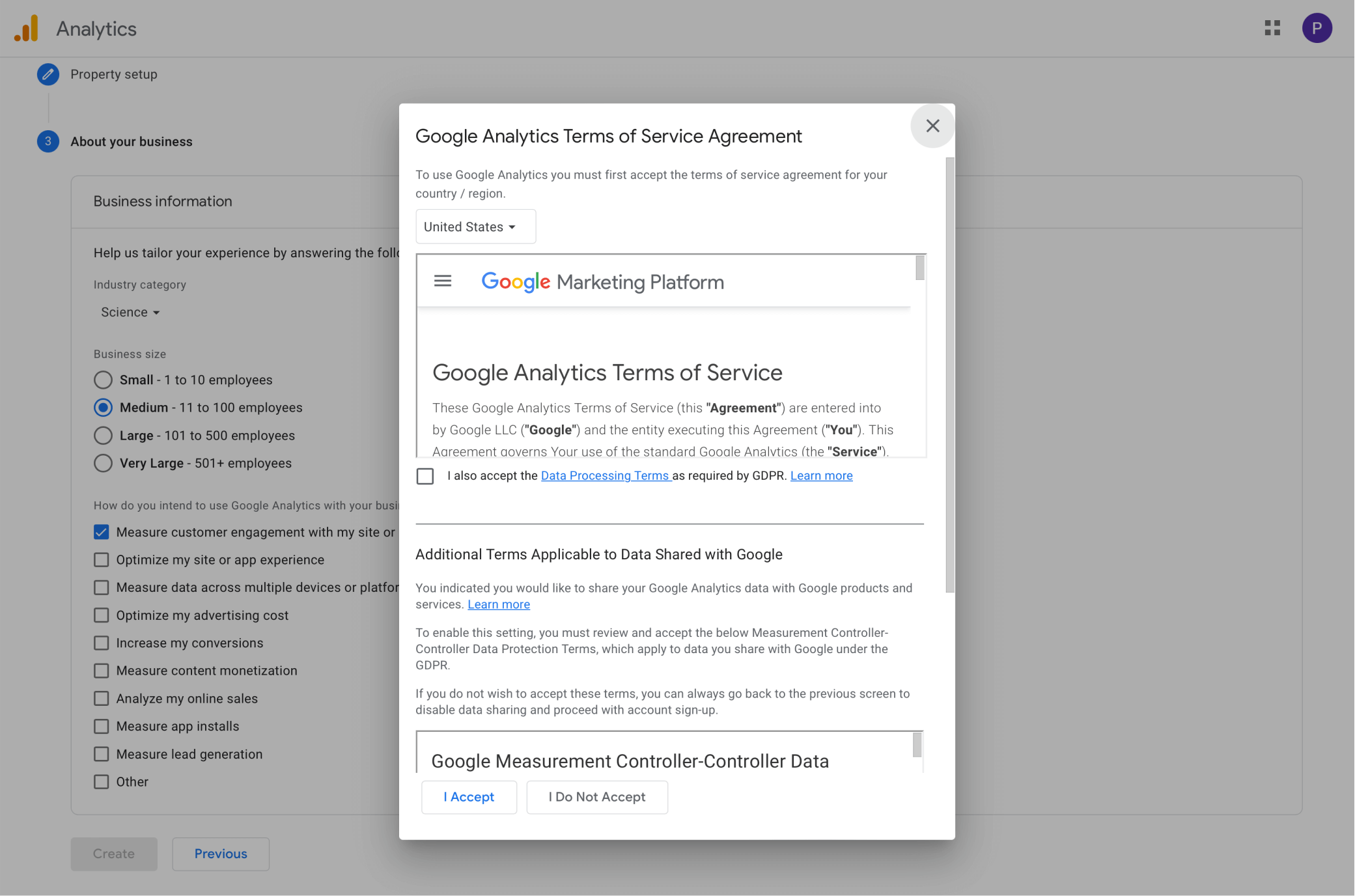 Accept Google Analytics Terms of Service