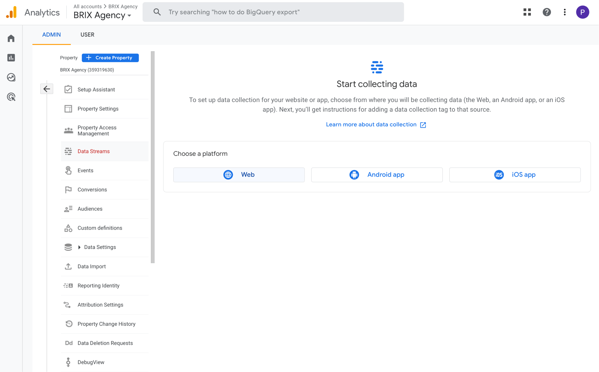 Choose Webflow Data Collection Source on Google Analytics