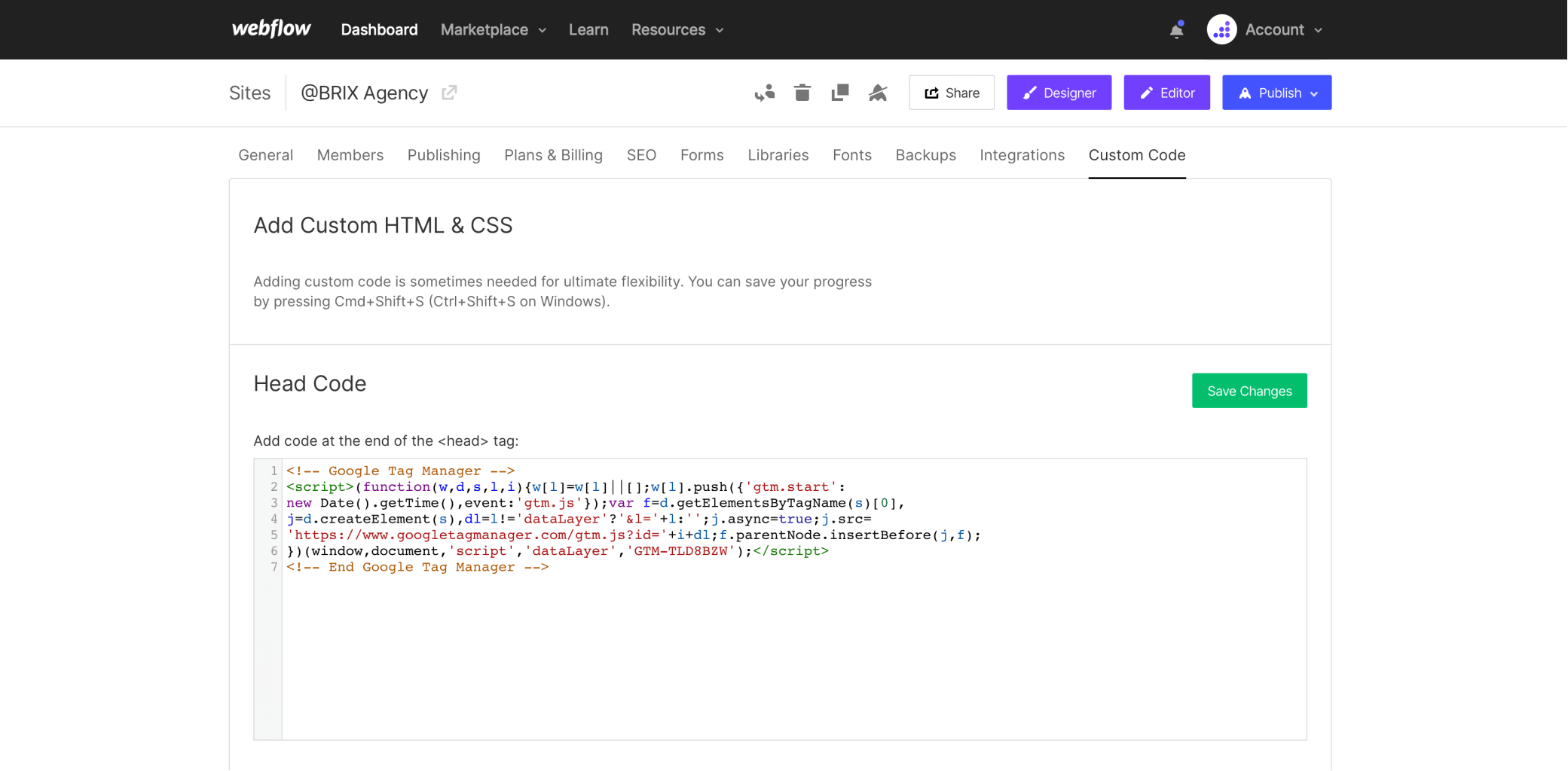 Add Google Tag Manager Head Code on Webflow