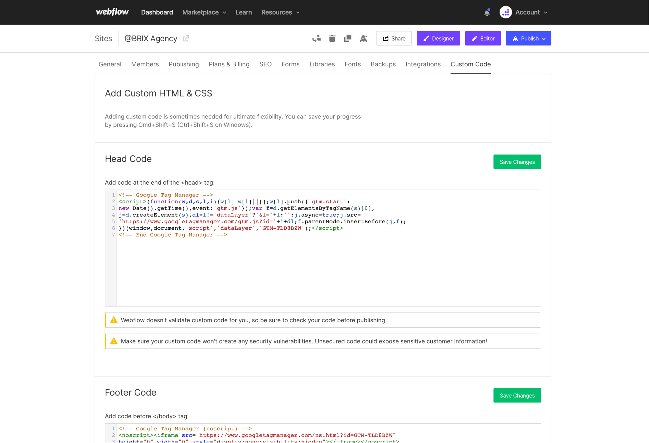 Add Google Tag Manager Code to Webflow