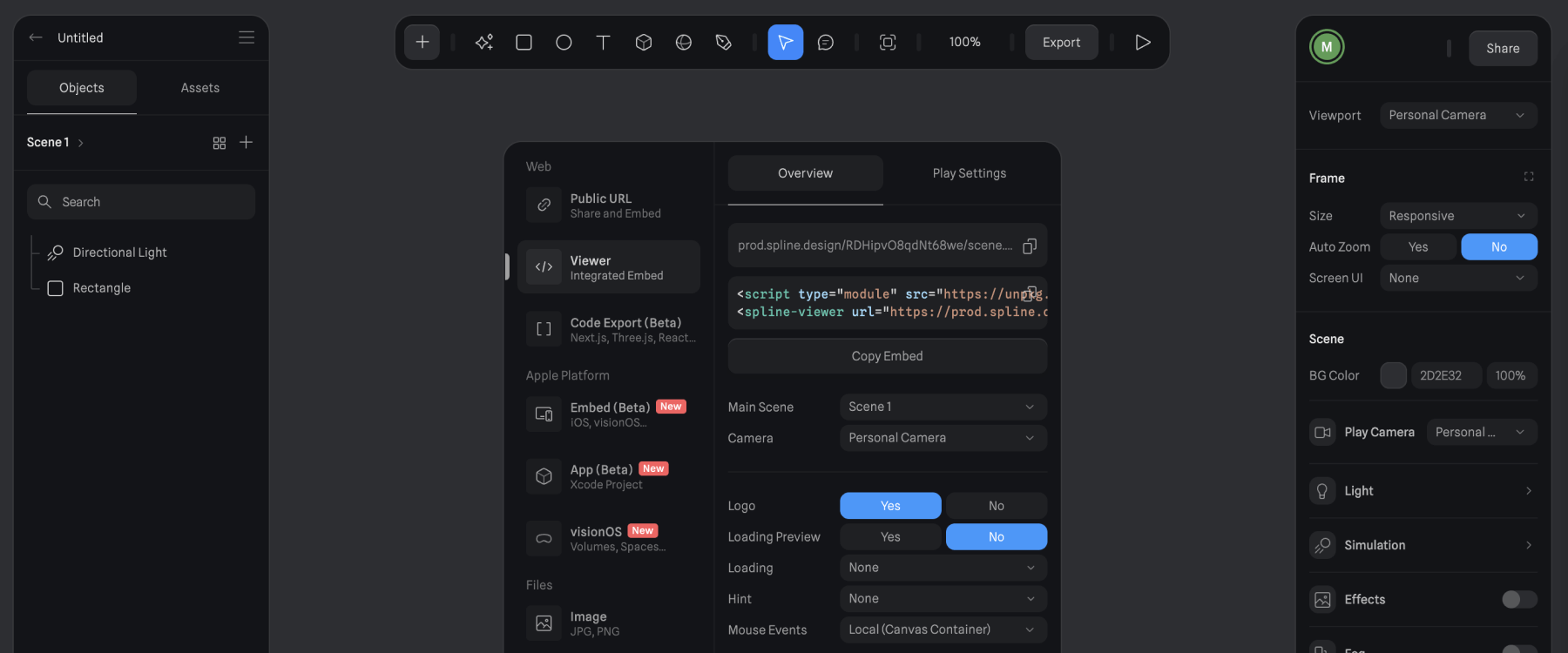 Embed 3D models on Webflow with Spline - Export Code