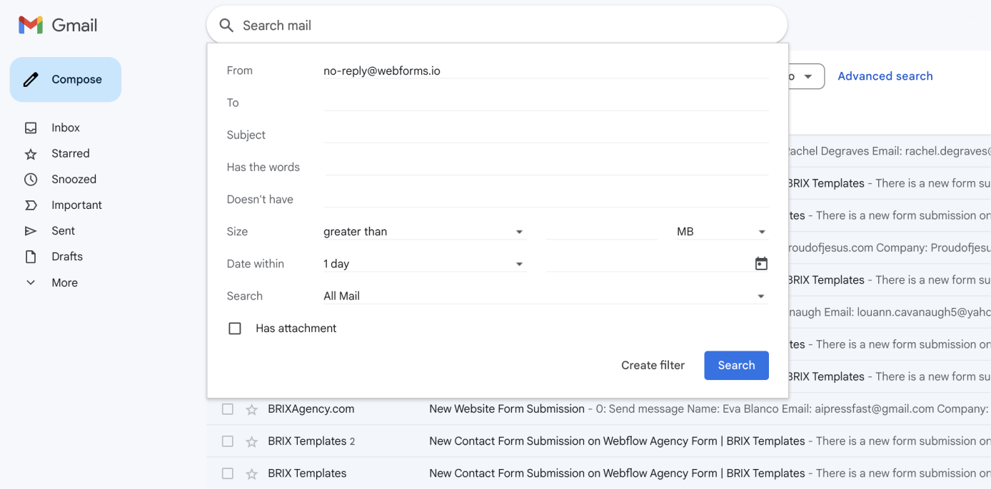 Avoid spam in Webflow forms using Gmail filters - Create email filters