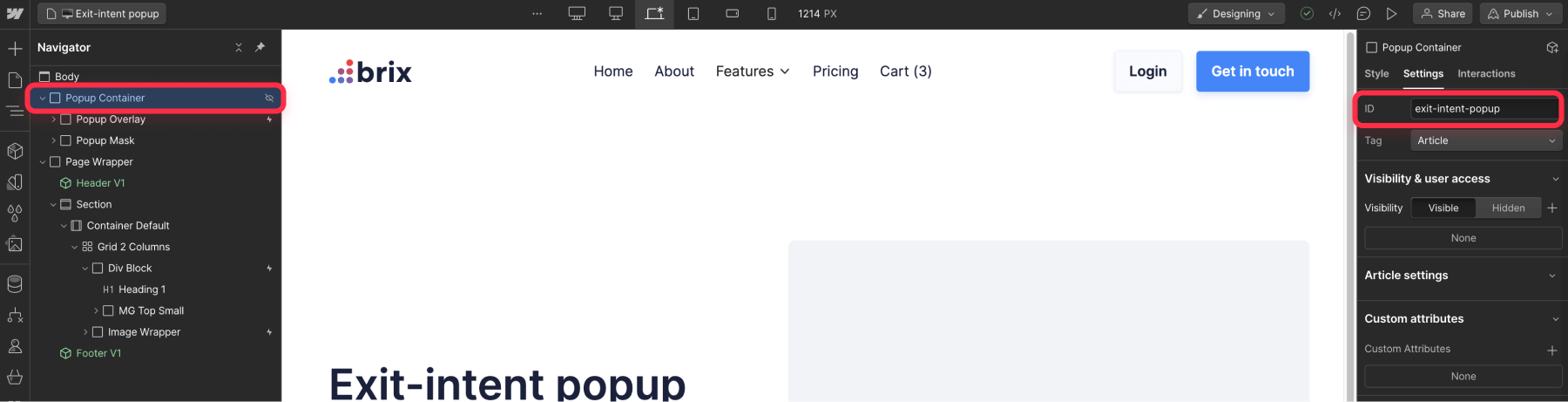 Add JavaScript ID - How to create an exit intent popup in Webflow