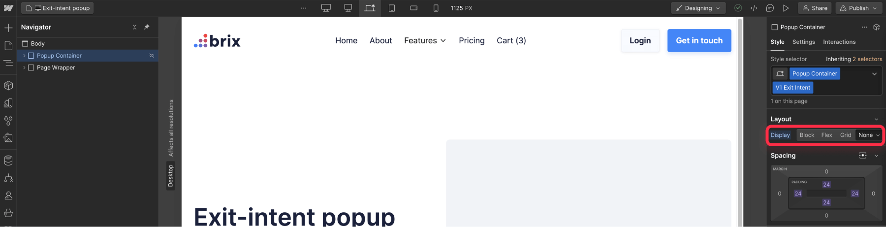 Set popup as display none - How to create an exit intent popup in Webflow