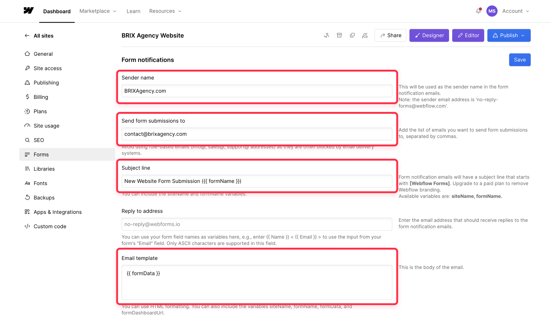 Setup dynamic subject in Webflow form submissions