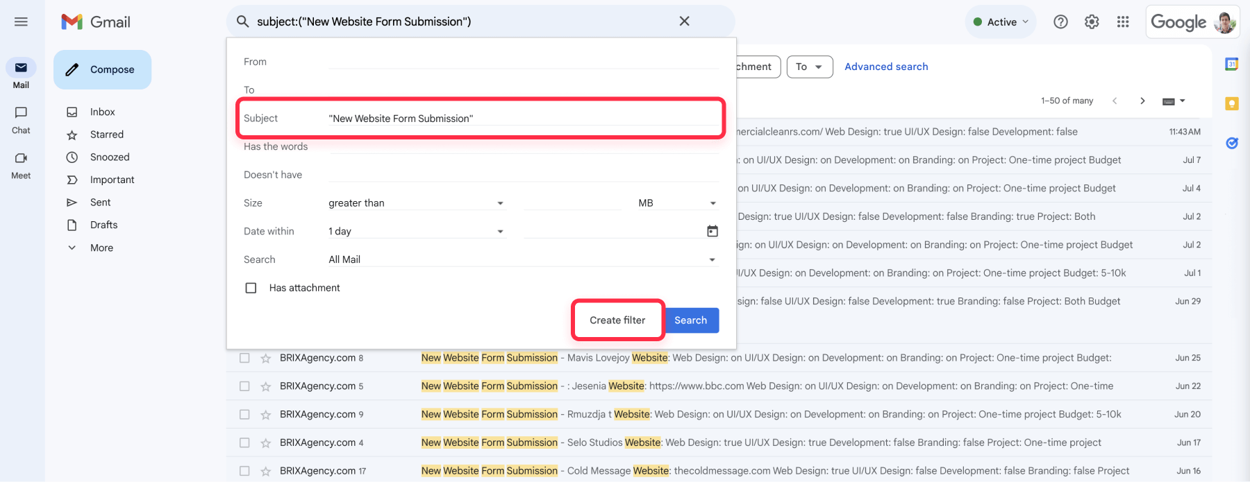 Create Gmail filter to send Webflow forms to different email addresses