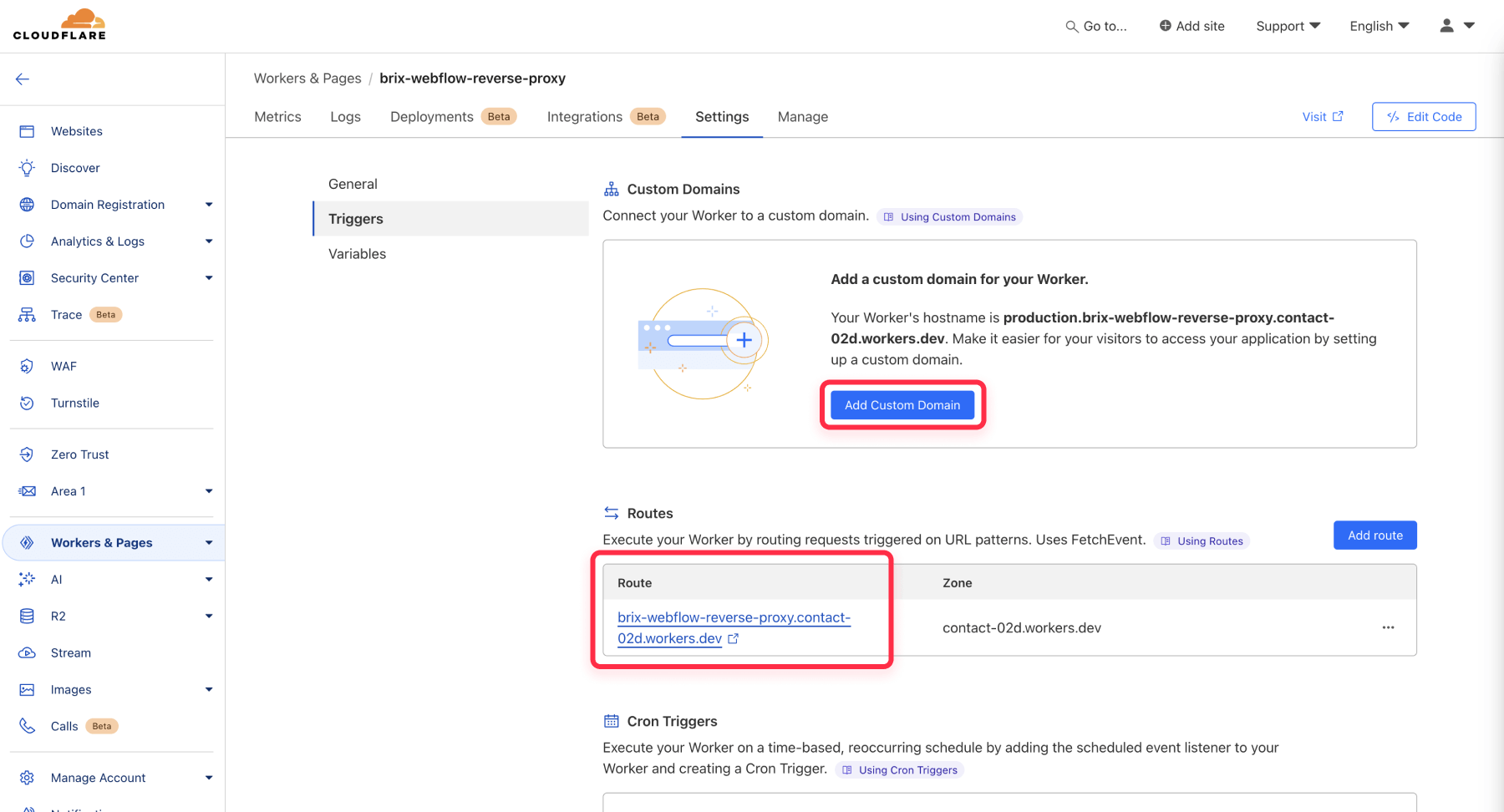 Add custom domain to Cloudflare worker for Webflow reverse proxy