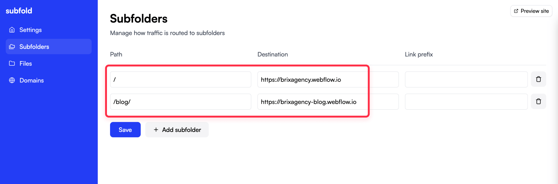 Set Webflow reverse proxy routes on Subfold