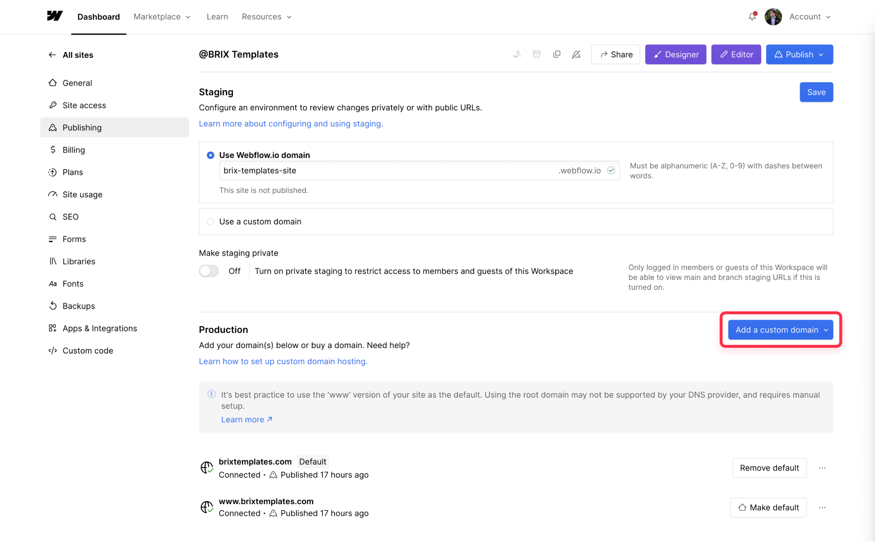 Configure domain for Webflow and HubSpot domain configuration