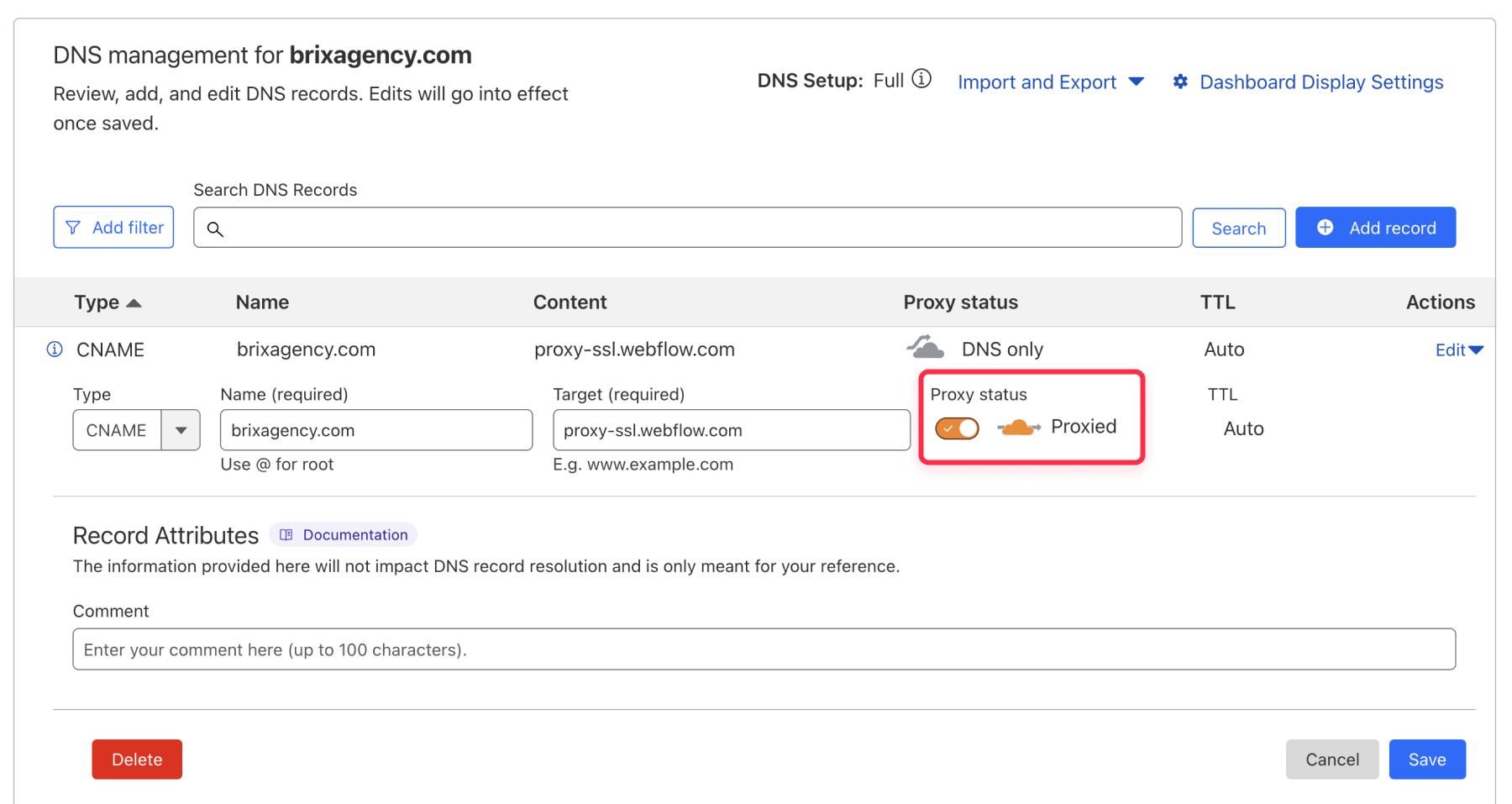 Configure domain in Cloudflare as proxy