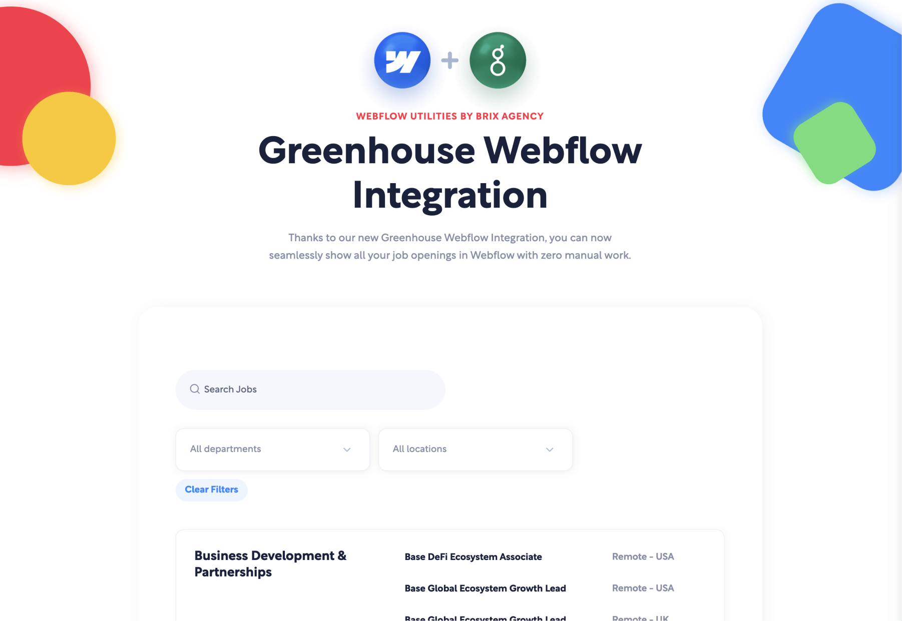 Custom Greenhouse API Webflow integration by BRIX Agency