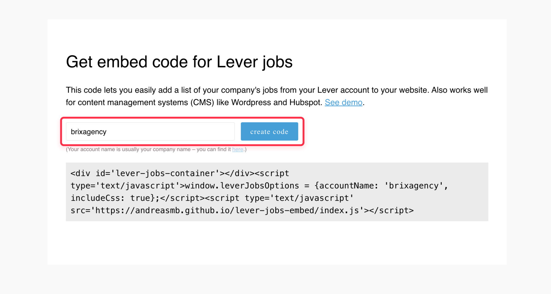 Generate embed code for Lever job board on Webflow