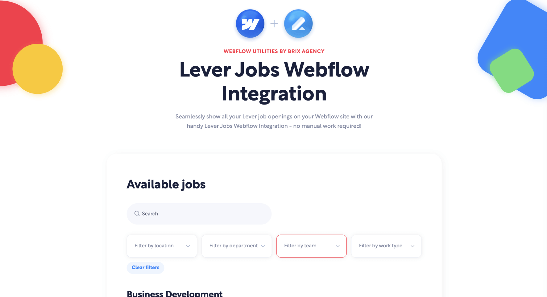 Lever jobs Webflow integration example