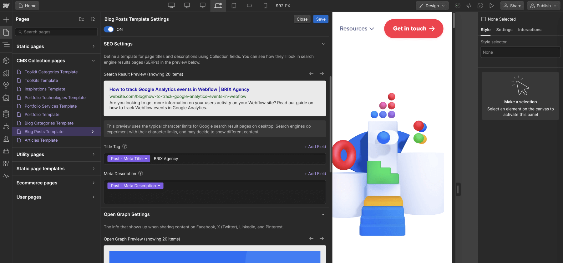 Connect Webflow CMS with meta title and meta description SEO settings