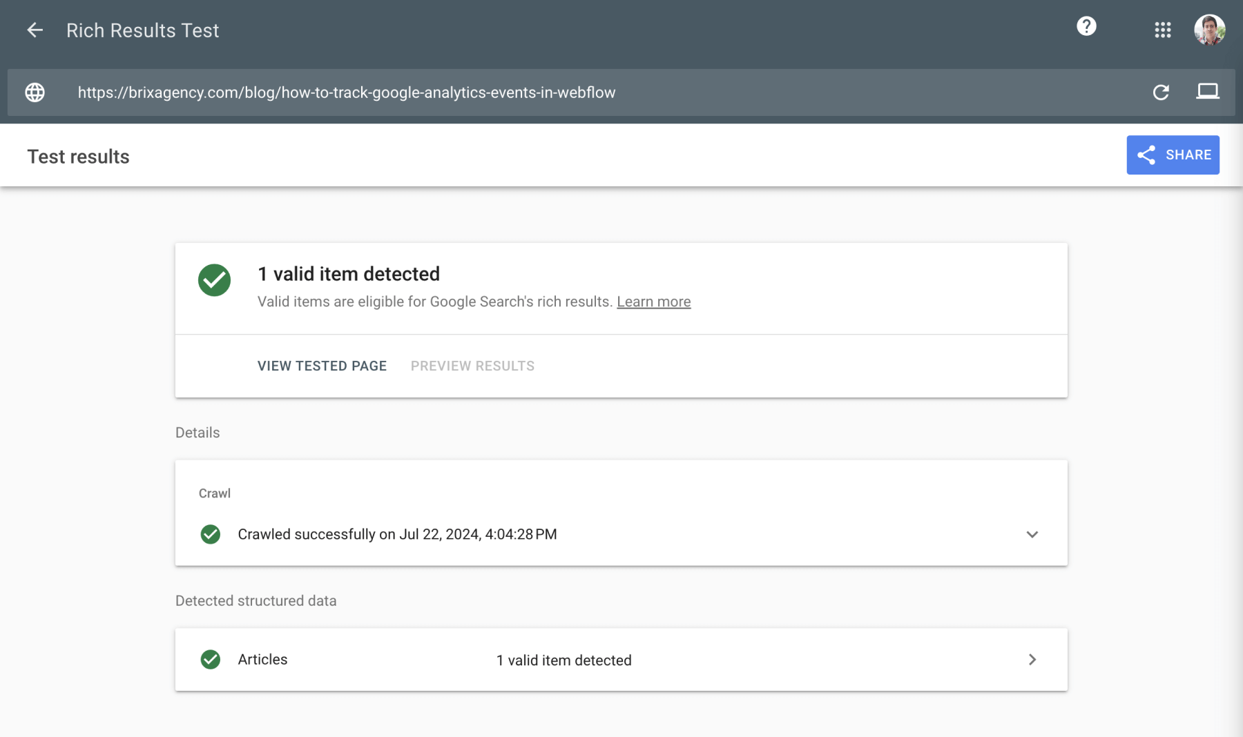 Validate Webflow schema using Google rich results test