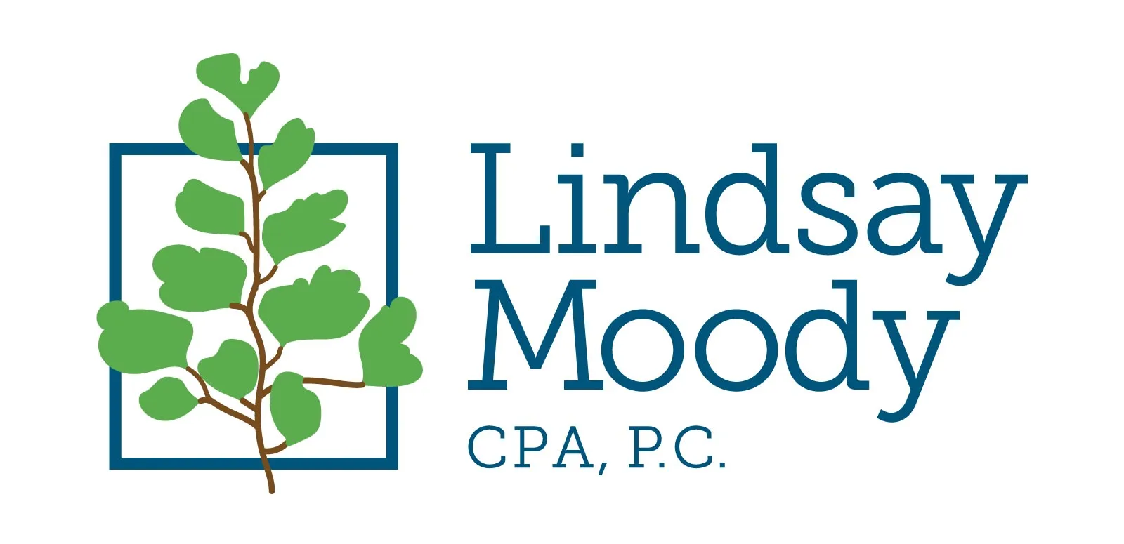 Lindsay Moody horizontal logo with green leave and blue type