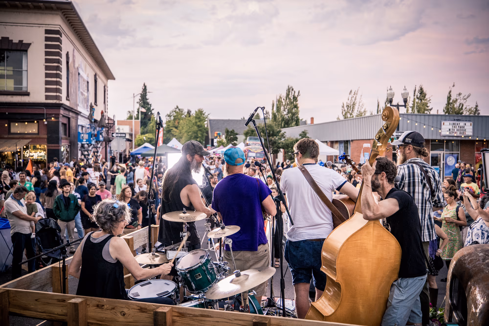 Alder Street All-Starts play The Block Party 2025 Downtown Springfield Sunset, Ken Kesey Mural, Main Street, Springfield Oregon