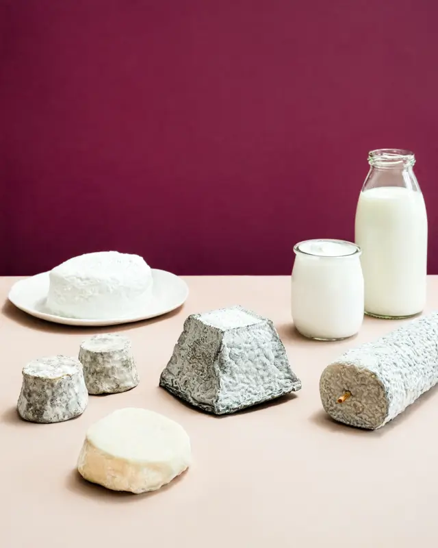 Ambiance culinaire minimaliste dans les tons prune pour présenter les fromages de chèvre