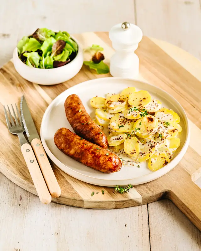 Stylisme culinaire pour photo recette de diots de Savoie et gratin de pomme de terre à la moutarde