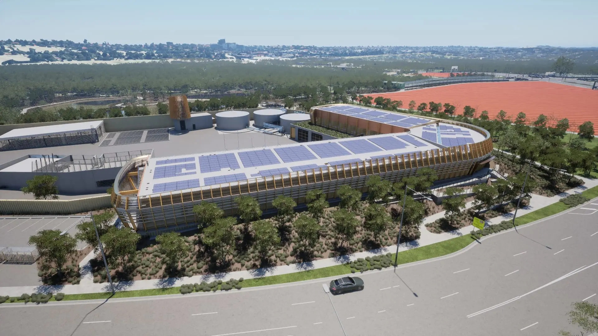 Architectural visualisation of the Motorway Control Centre viewed from Bulleen Road, showing the long timber-finned façade.