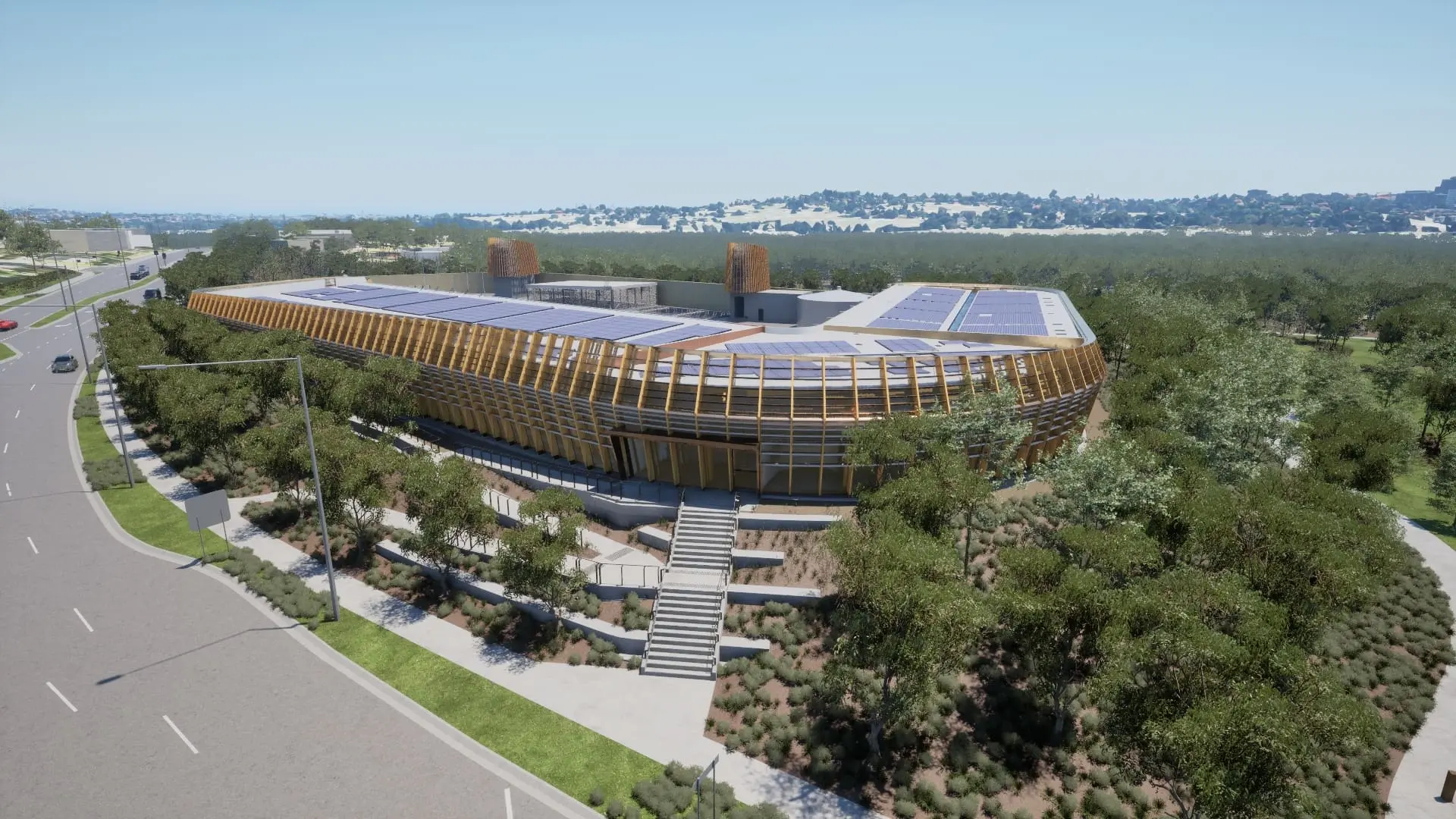 Aerial architectural visualisation of the Motorway Control Centre showing timber façade fins, entrance stairs and rooftop solar panels.