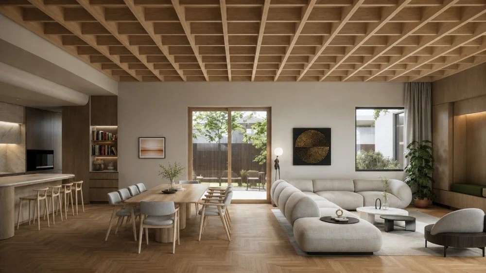 Architectural render of the kitchen, dining and living spaces beneath an exposed timber roof.