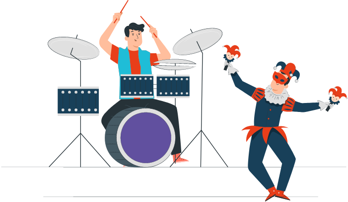 Man playing drums with drumsticks while jester holds two small jester puppets.