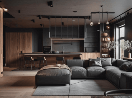 kitchen in living area with white sofas
