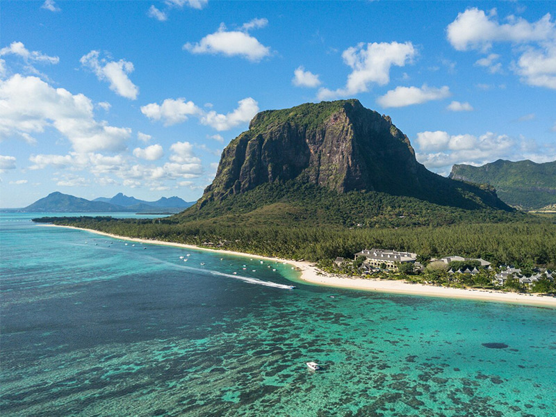 Aerial view of Le Morne mountain and JW Marriott Mauritius Resort