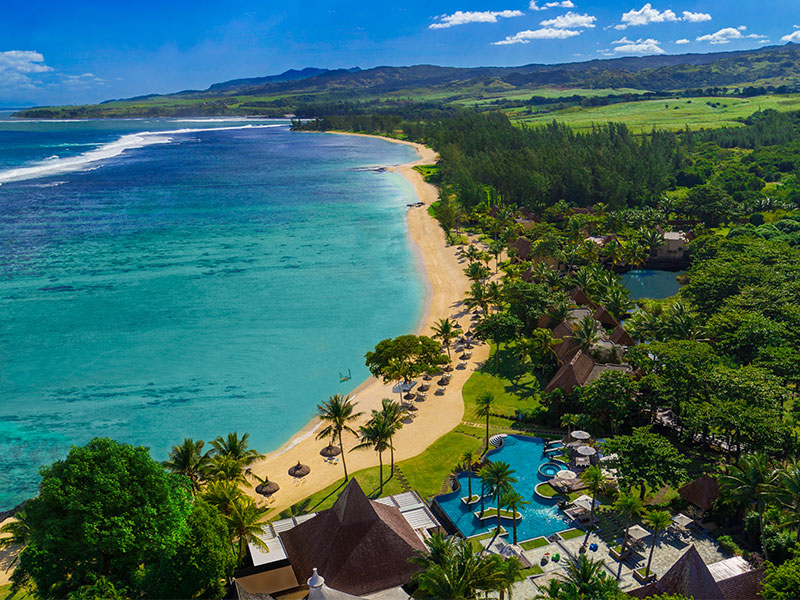 Aerial view of the resort, beach and lagoon