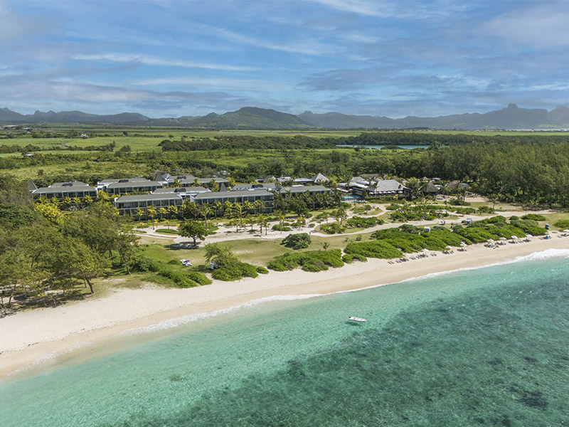 Aerial view of Constance Le Chaland including beach and lagoon.