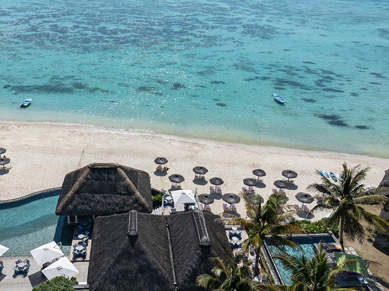 Aerial view of C Mauritius, beach and the lagoon.