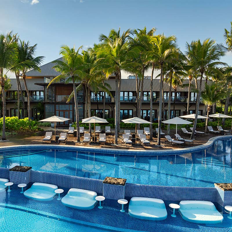 Aerial view of the pool and suites