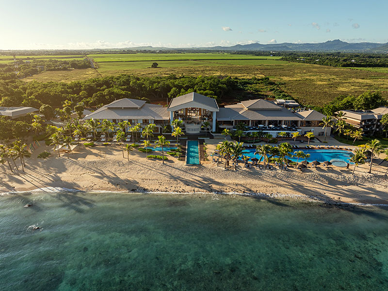 Aerial view of Meridien Ile Maurice beach and lagoon.