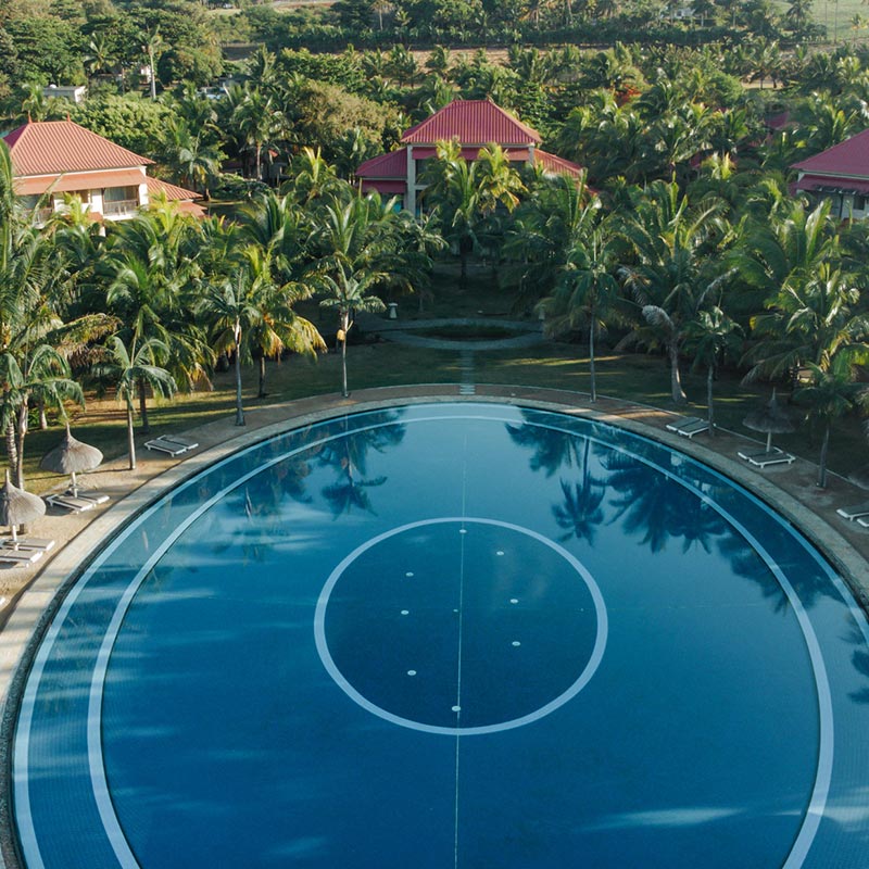 Aerial view of the main pool and rooms.