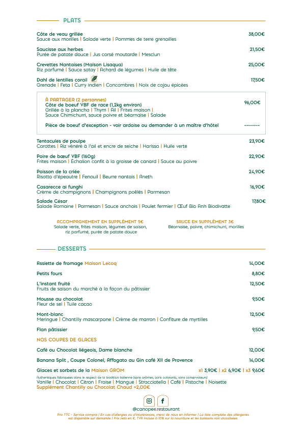 Carte Verso restaurant Canopée