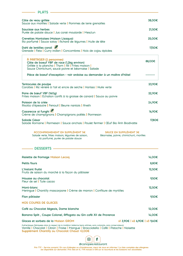 Carte Verso restaurant Canopée