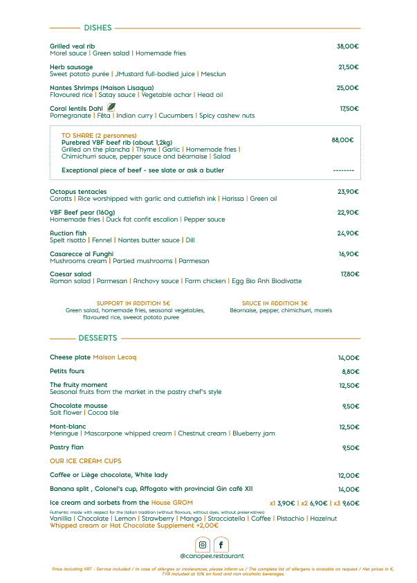 Carte Verso restaurant Canopée