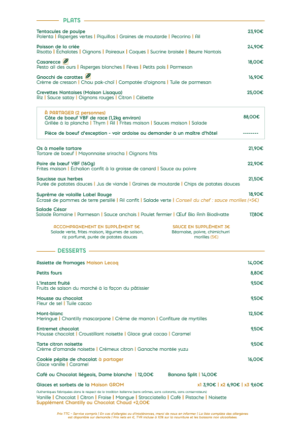 Carte Verso restaurant Canopée