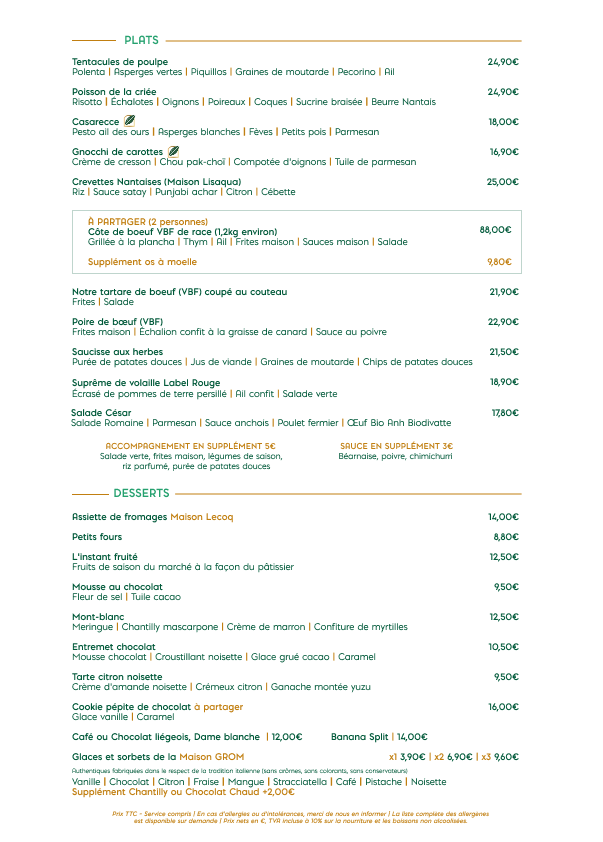 Carte Verso restaurant Canopée