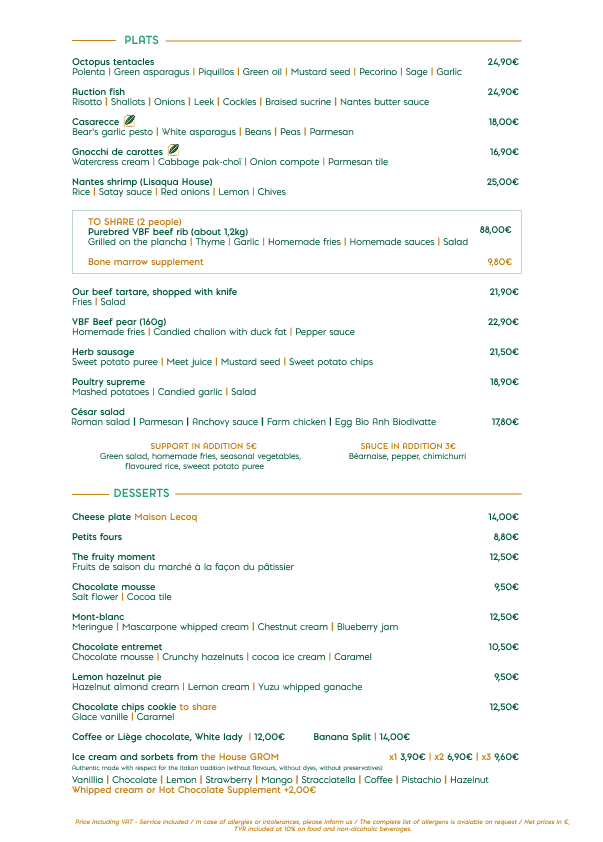 Carte Verso restaurant Canopée