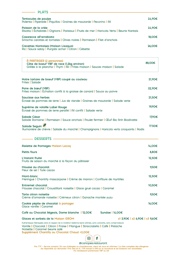 Carte Verso restaurant Canopée