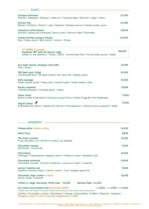 Carte Verso restaurant Canopée