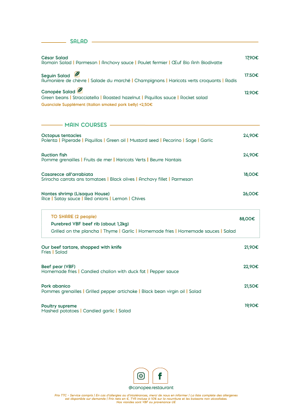 Carte Verso restaurant Canopée